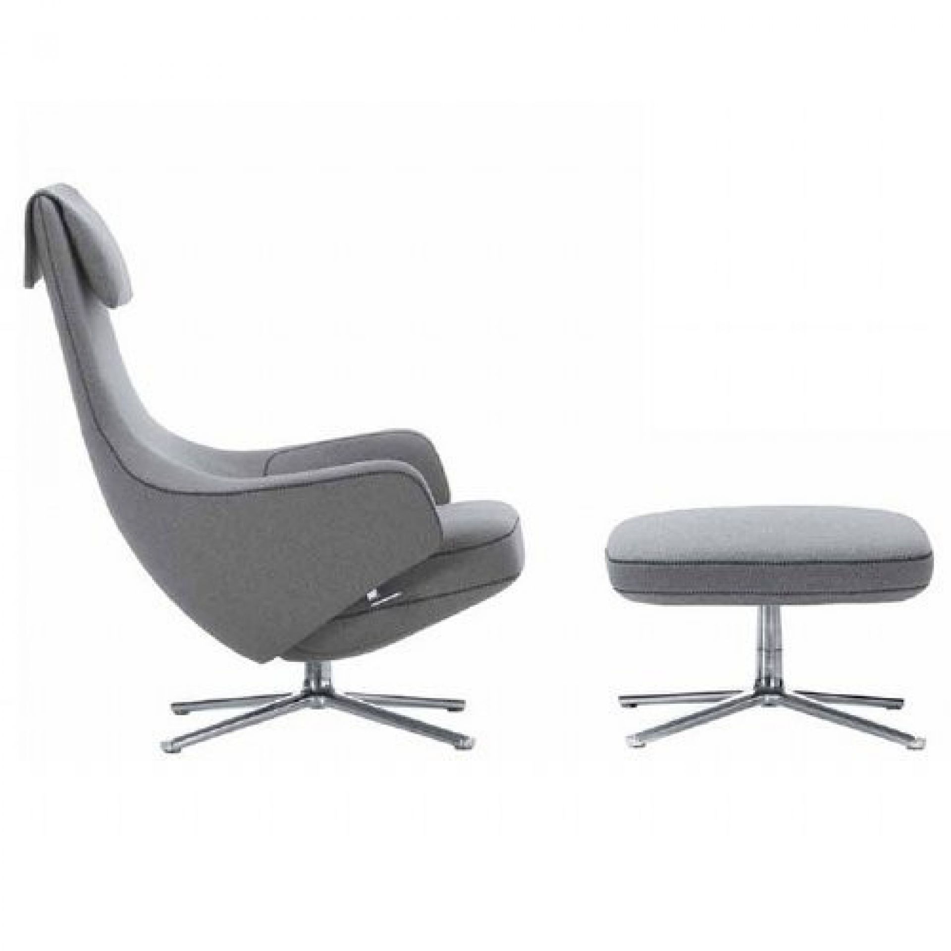 Grauer Repos Sessel mit Ottoman von Vitra, drehbarer Relaxsessel mit Fußhocker für Wohnzimmer.